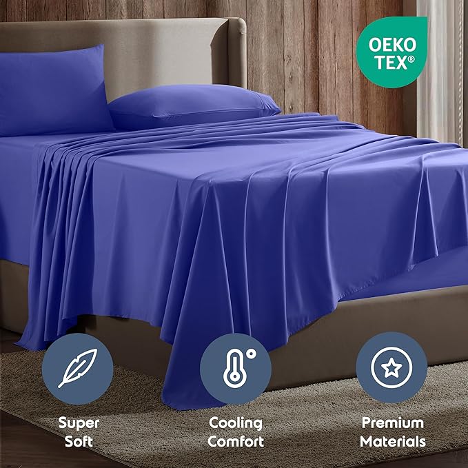 Nestl Microfiber 5-Piece Split King Sheet Set, Royal Blue, Hotel Luxury, Wrinkle Free, Extra Soft Bedding Sheets & Pillowcases