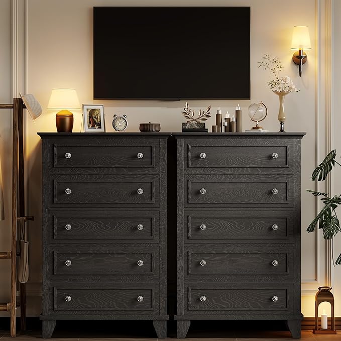 GarveeHome Black Dresser for Bedroom, 48" Tall Dresser with 5 Drawers, Chest of Drawers with Storage, Vintage Wood Dressers for Closet, Living Room, Hallway