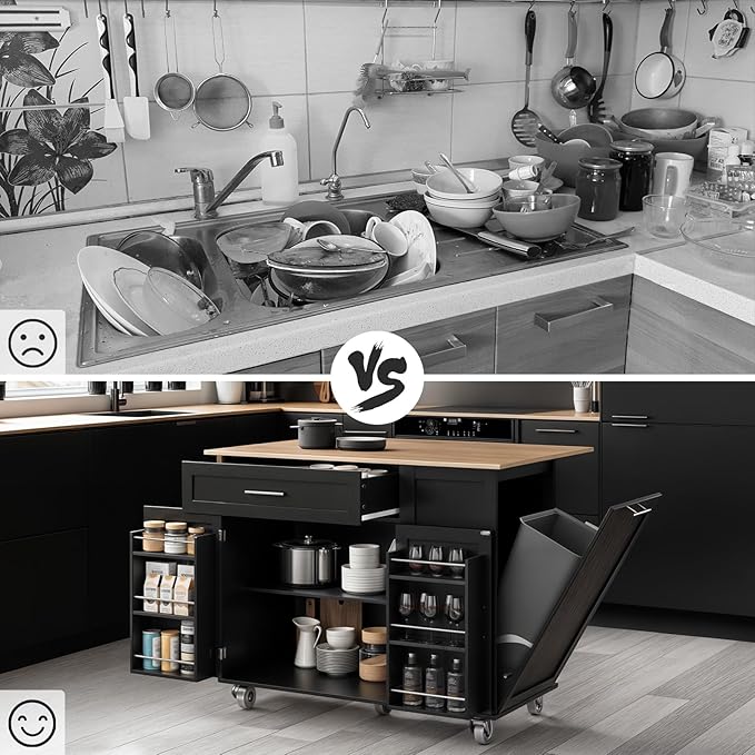 Kitchen Island with Storage & Drop Leaf - 43.3" Mobile Kitchen Cart with Wheels, Rolling Kitchen Island with Trash Bin Cabinet & Towel Rack, Rubberwood Top, Black Island for Kitchen