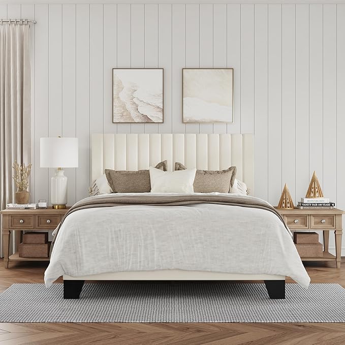 Full Size Bed Frame, Velvet Upholstered Platform Bed with Adjustable Tufted Headboard, Sturdy Frame and Slats, No Noiseless, No Box Spring Required, Easy Assembly, Beige