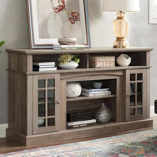 HMFULE 58" TV Stand with Storage for 55 60 65 inch Television, Entertainment Center 2 Glass Doors & Adjustable Shelves, Engineered Wood Modern Farmhouse Living Room Bedroom Furniture (Gray Wash)
