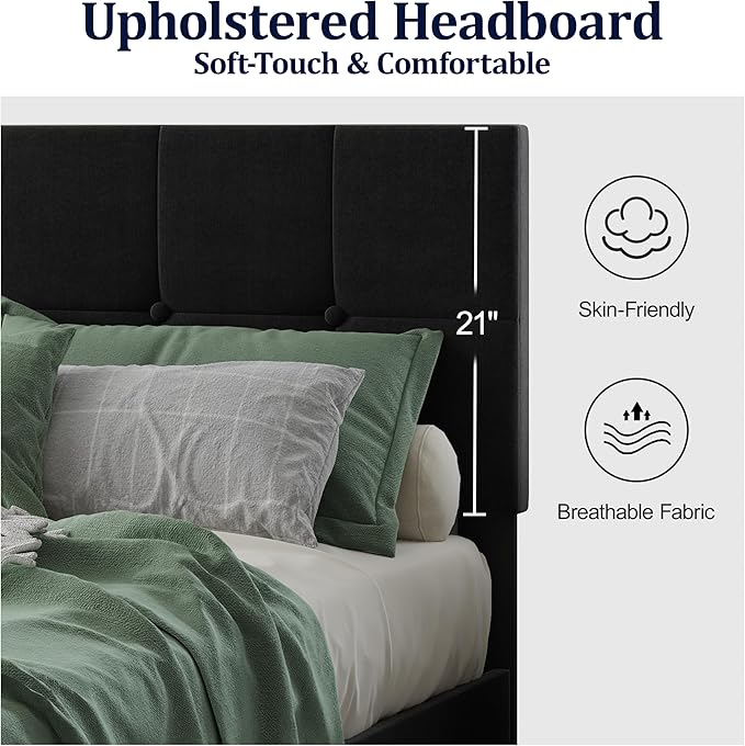 Queen Size Bed Frame, Queen Size Platform Bed Frame with Headboard, Upholstered Headboard, Sturdy Wooden Slats, Noiseless No Box Spring Required, Easy to Assemble, Black