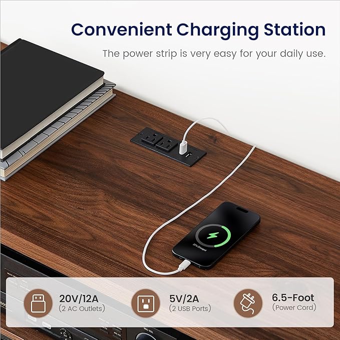 AOGLLATI Black Dresser for Bedroom with Slanted Louvre Design,Retro Chest of Drawers with Charging Station, Wooden Wide Led 6 Drawer Dresser for Bedroom,Living Room, Hallway, Black & Brown