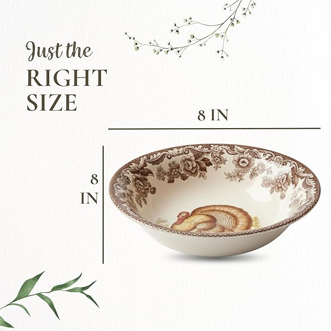 Spode Woodland Thanksgiving Turkey 8" Ascot Cereal Bowl - Classic Holiday Tableware, Salad, Dessert, Nut Bowl with British Flowers Border, Fine Earthenware - Microwave, Oven, Freezer, Dishwasher Safe