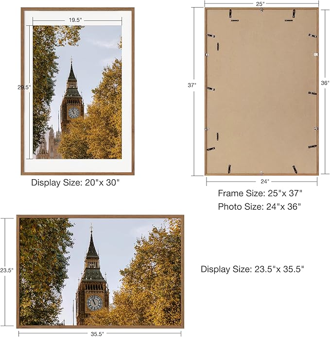 Axeman 24x36 Picture Frame with Mat for 20x30, Solid Oak Wood Poster Frame with Tempered Glass, Wood 24''x36'' Minimalist Photo Frame Movie Poster Frame with Wall Hooks for Art Photo Prints, Walnut