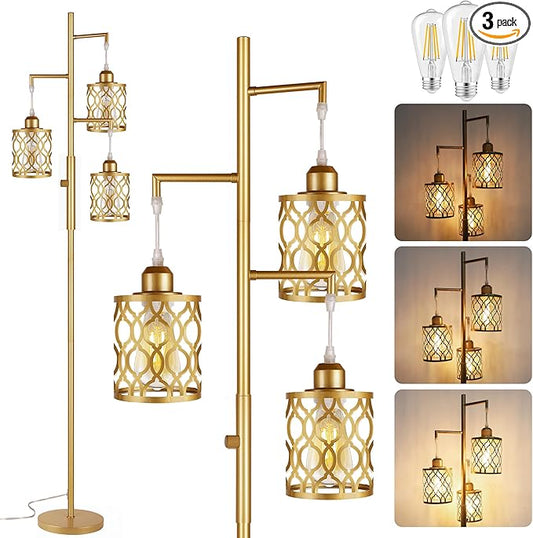 ROTTOGOON 68" Gold Floor Lamp, Dimmable Industrial Floor Lamps for Living Room, 3 Light Rustic Standing Tall Lamp Including 3 PCS 6W E26 Bulbs, Farmhouse Tree Floor Lamp for Bedrooms, Office, Bar
