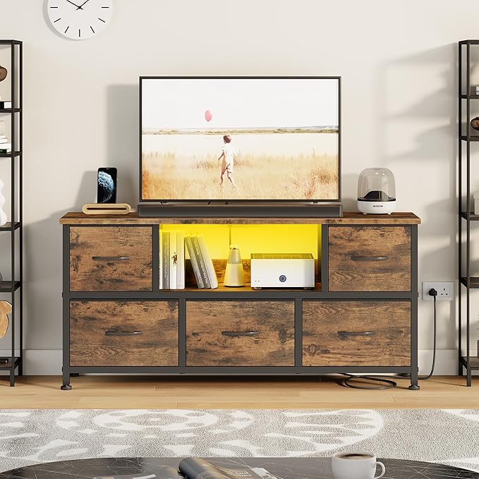 Lulive TV Stand for Living Room, LED Rustic Brown Dresser for Bedroom with 5 Fabric Drawers,43 55in TV Stand with Power Outlet, Entertainment Center with Open Shelf
