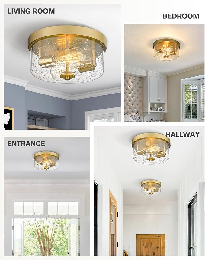 Emak Brushed Gold 2 Light Flush Mount Ceiling Light Fixture, 11 Inch Close to Ceiling Light Fixtures with Seeded Glass Shades for Hallway, Kitchen, Bathroom, Dining Room, FM082-GD