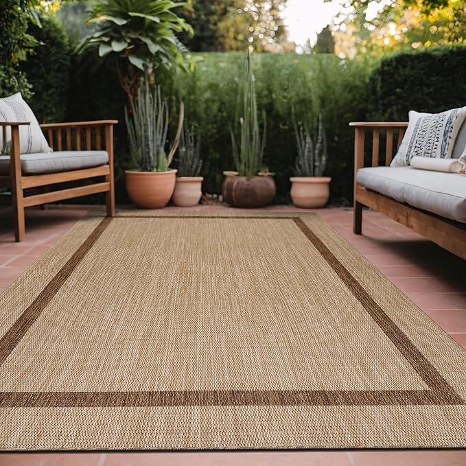 Bordered Outdoor Rug 8x10 Washable Outside Carpet for Indoor Patio Porch Waterproof Easy Cleaning Non Shedding Area Rugs Jute Beige - Nut Brown 8 x 10