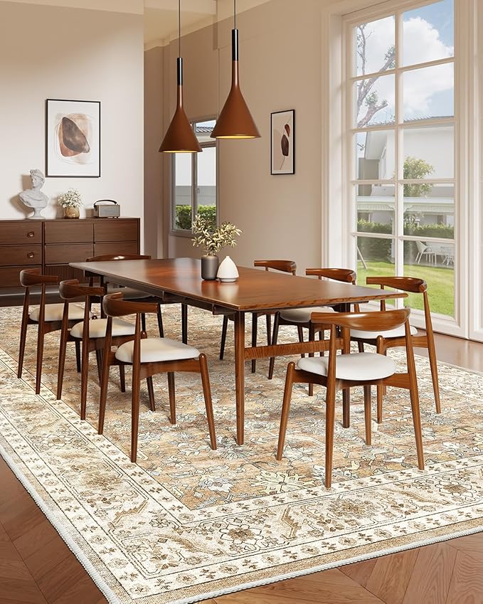 HOMFINE Machine Washable Rug 10'x14' - Vintage Design Area Rugs with Non Slip Rugs for Living Room Bedroom Floral Print Rug Carpet Stain Resistant, Home Decor Office Area Rug, Beige Brown