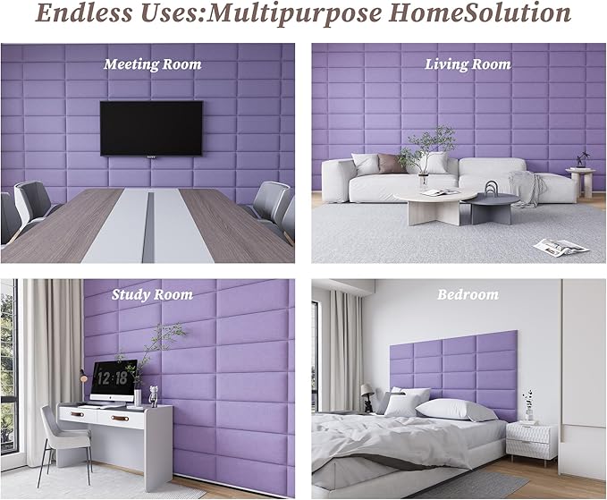 Fabric Black Upholstered Headboard Queen, 12PCS Peel and Stick Wall Panels for Adjustable Bed, Modern Bedroom Decor, 10"x24" Each, Purple