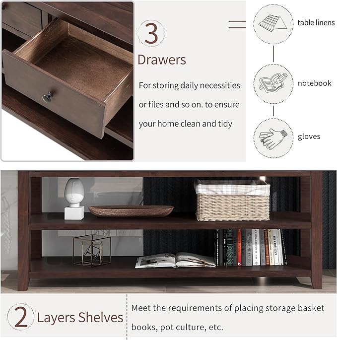 Knocbel Entryway Console Table with 3 Drawers and Open Shelves, Entry Hallway Foyer Sofa Long Table, 220lbs Weight Capacity, 50" L x 16" W x 30" H (Espresso)