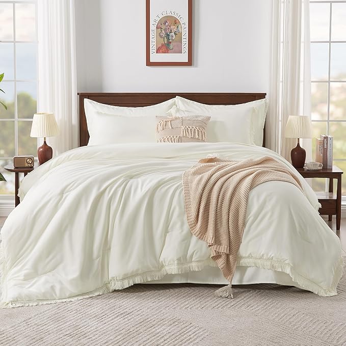 Andency Ivory Queen Size Comforter Set with Sheets - 7 Pieces Boho Tassel Bed in a Bag Soft Lightweight Bedding Sets, Ivory Fringe Bed Set with Comforter, Sheets, Pillowcases & Shams