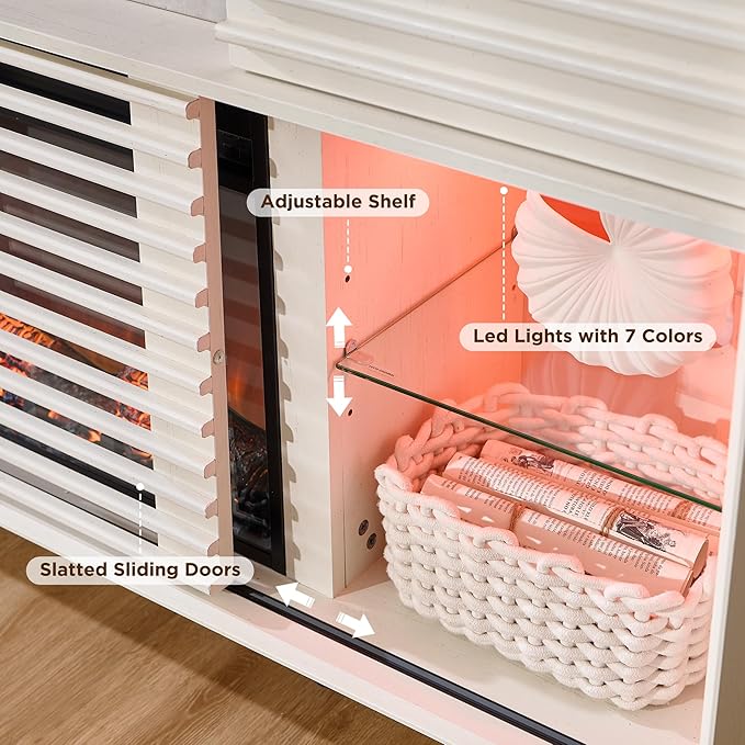 RedLemon Fireplace TV Stand for 80 Inch TV, Mid Century Modern Entertainment Center with 36" Electric Fireplace & Led Lights, Wood Media Console w/Slatted Sliding Doors for Living Room, Antique White