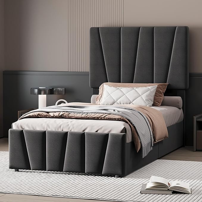 GarveeHome Twin Size Bed Frame with Adjustable Headboard and 2 Storage Drawers, Soft Upholstered Platform Bed Frames with Wooden Slats Support, No Box Spring Needed, Dark Grey