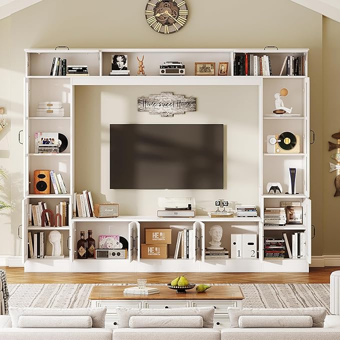 AMERLIFE 98" W Wall Unit TV Stand with Storage for TVs up to 80", Modern TV Console with LED Lights, Entertainment Center with Bookshelves for Living Room, White