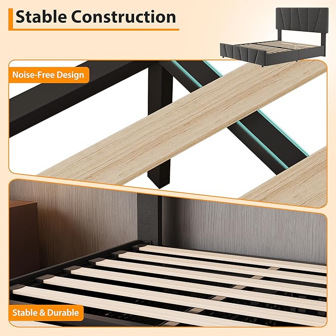 GarveeHome King Size Bed Frame with Adjustable Headboard and 4 Storage Drawers, Velvet Upholstered Tufted King Platform Bed Frames with Wooden Slats Support, King Bedframe No Box Spring Needed, Grey