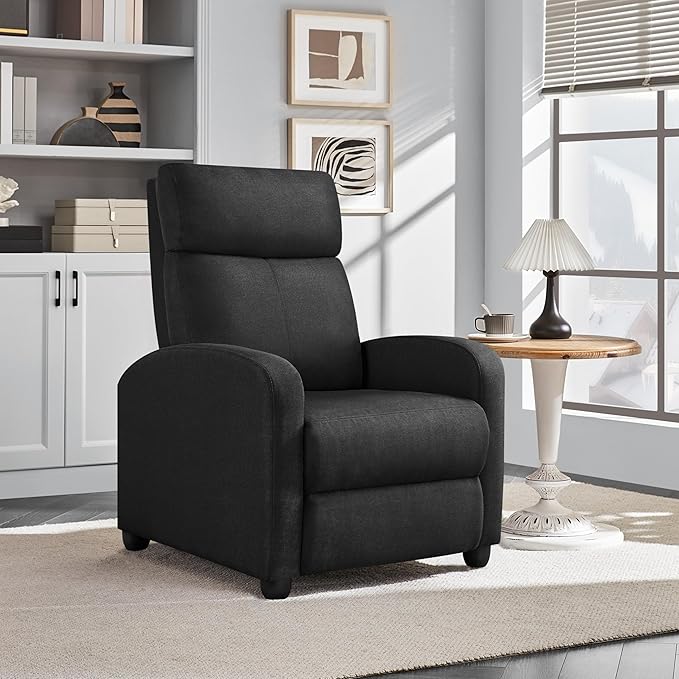 Yaheetech Fabric Recliner Chair Sofa Ergonomic Adjustable Single Sofa with Thicker Seat Cushion Modern Home Theater Seating for Living Room Matte Black