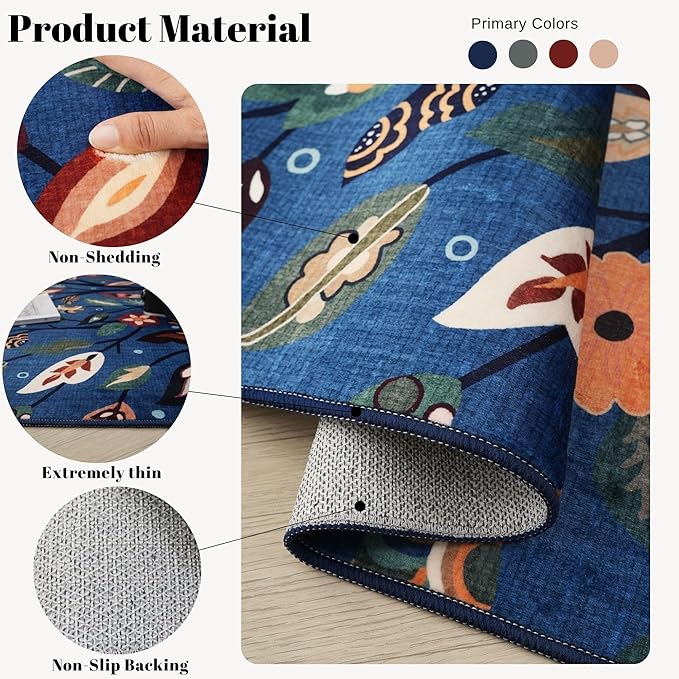 Runner Rug for Kitchen Rug Non Slip 2'x6' Washable Rugs Floral Tree with Rubber Backing Bohemian Soft Carpet Runner for Kitchen, Laundry, Bedroom, Bathroom, Blue