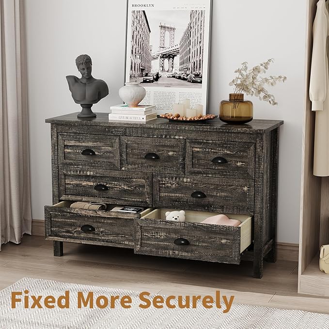 Farmhouse 7 Drawer Dresser for Bedroom, Modern Wood Dresser with Vintage Black Antique Handle, Rustic Chest of Drawers for Hallway, Antique Black