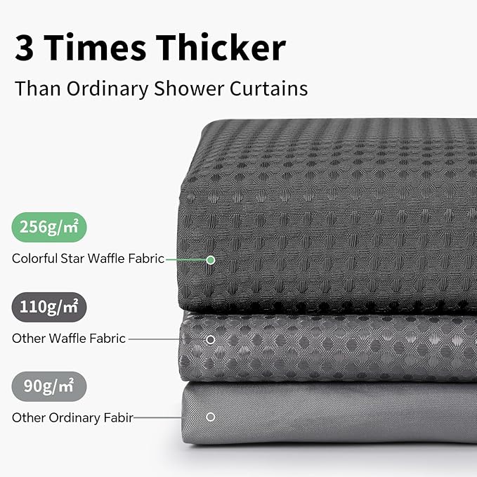 Colorful Star Small Stall Waffle Weave Shower Curtains, 256GSM Heavy Duty Shower Curtain with Snap in Fabric Liner, Hotel Style No Hook Waterproof Bathroom Curtain Set, 36 x 75 Inch, Charcoal Grey