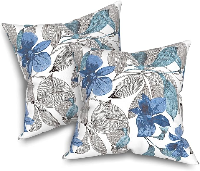 Outdoor Throw Pillows with Inners, All Weather Patio Pillows Set of 2, Square Pillows Decorative for Home Garden Furniture, 20x20 Inch, Clemens Blue