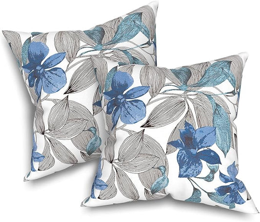 Patio Throw Pillows with Inners, Fade Resistant Square Pillow Pack of 2, Decorative Garden Cushions for Home, 18x18 Inch,Clemens Blue