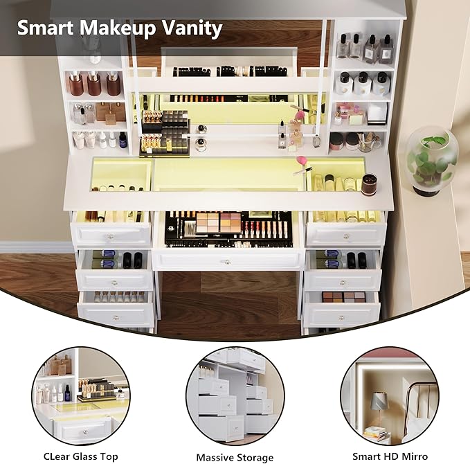 Extra Large Vanity Desk with Lighted Mirror, Makeup Vanity with RGB Glass Top, White Vanity Table with 9 Drawers, Tall Dressing Table with Crystal Ball Knobs (Minimalist Style)