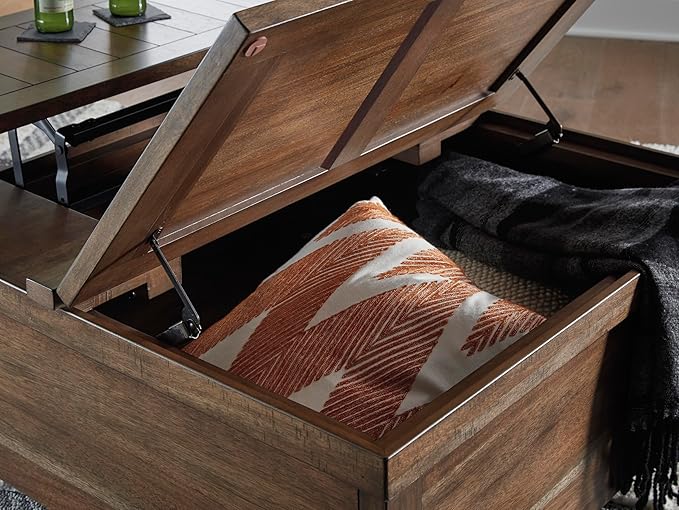 Signature Design by Ashley Moriville Rustic Hinged and Lift Top Cocktail Table with Hidden Storage, Light Brown