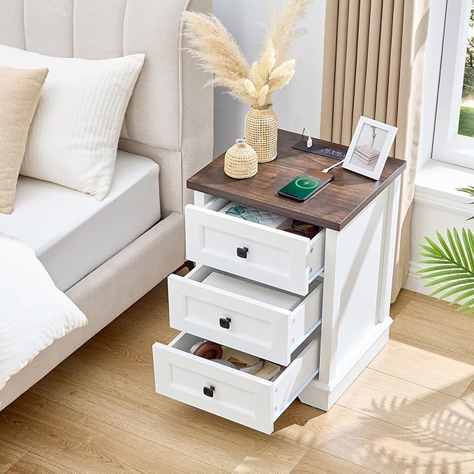 SOOWERY Dresser for Bedroom, Farmhouse Dresser with 3 Wooden Drawers and Storage Cabinet, 25 Inches Tall Side Table Chest of Drawers for Bedroom, Living Room, Hallway, White