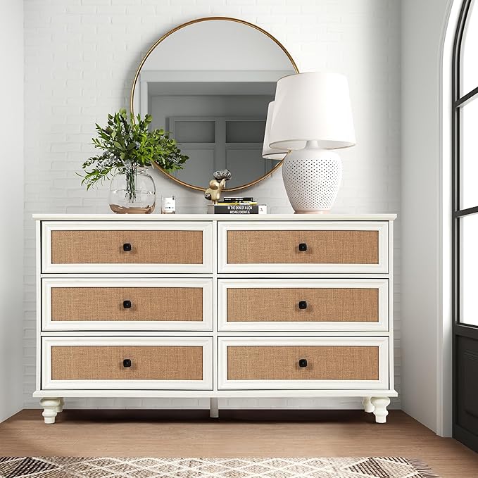 6 Drawer Dresser for Bedroom, Mid Century Modern Wide Wood Rustic Chest of Drawers Wooden Storage Organizer Dressers with Burlap Rattan Drawers for Living Room, Hallway Closet, Entryway, Beige White