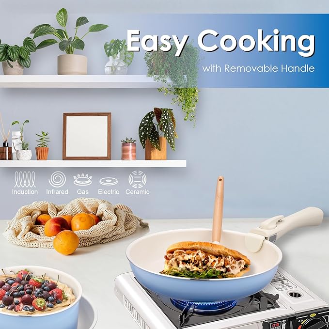 20pcs Ceramic Cookware Set Nonstick, Detachable Handle Pots and Pans Set, Non Toxic,No PFAS & PTFE & PFOA, Dishwasher/Oven Safe, RV Kitchen Set Removable Handle for Cooking, Blue