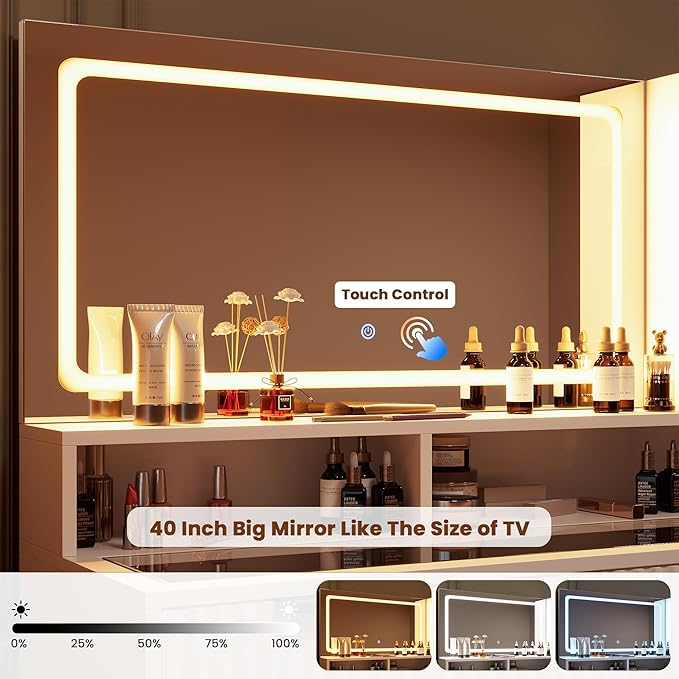 HAIOOU Fluted Vanity Desk with Mirror and Lights,48" Large Makeup Vanity Desk with Charging Station,Dressing Table with 4 Drawers & 3 Open Storage Shelves, Glass Top for Bedroom, White