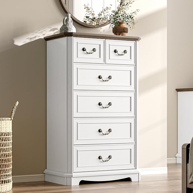 Farmhouse 6 Drawer Dresser for Bedroom, Tall Rustic Chest of Drawers with Metal Handle, Wood Vintage Storage Tower Cabinet, Wooden Closet Storage Dressers Organizer for Living Room, Hallway, White