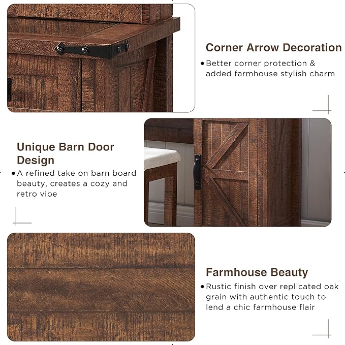 T4TREAM Farmhouse Makeup Vanity Desk with Sliding Mirror and Lights, 42'' Glass Tabletop Vanity Table with 2 Drawers & Shelves, Rustic Large Vanity Set for Bedroom, Reclaimed Barnwood