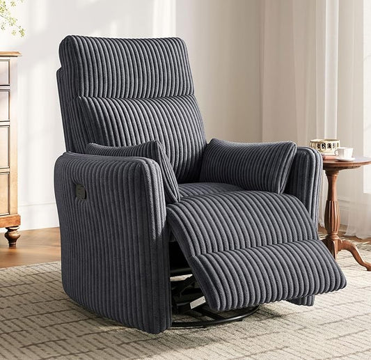 LINSY 360 Swivel Recliner Chair: Corduroy Rocking Chair Nursery Glider Chairs with 2 Pillows Comfy High Back Adult Recliner for Small Spaces, Living Room Bedroom Nursery Reclining Chairs, Dark Grey