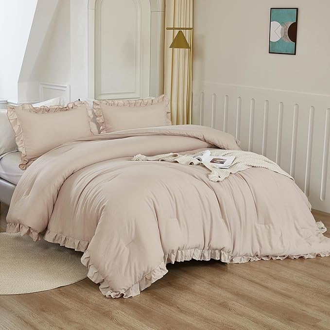 Litanika King Comforter Set Khaki, 3 Pieces Ruffle Farmhouse Aesthetic Bedding Comforter Set, Lightweight Fluffy Microfiber Bed Set (104x90In Comforter, 2 Pillowcases)