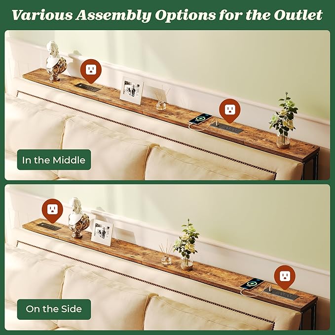 SUPERJARE 5.9 Inch Console Table with Outlet, Sofa Table, Beehind Couch Table, 5.9 x 39.4 x 29.1 Inches, Metal Frame, for Living Room, Hallway, Rustic Brown