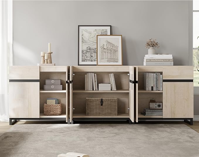 WAMPAT Modern TV Stand for TVs Up to 100 Inch, 3 in 1 Entertainment Center with Adjustable Shelves and Metal Base, Media Console for Living Room and Bedroom, Light Oak