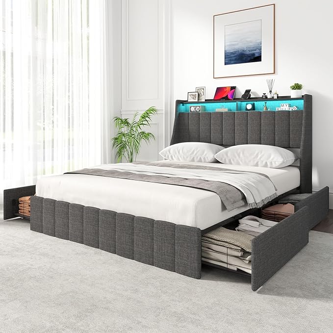 Queen Bed Frame with 4 Storage Drawers, Upholstered Queen Size Bed Frames with Headboard, Queen Size Bed Frame with LED Lights, Dark Grey