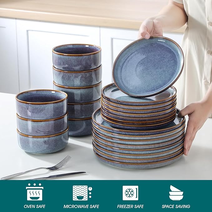 vancasso PLAYA Plates and Bowls Sets, 24 Pieces Grey-Blue Dinnerware Sets for Kitchen, Reactive Glaze Dishes Set for 8, Dishwasher and Microwave Safe