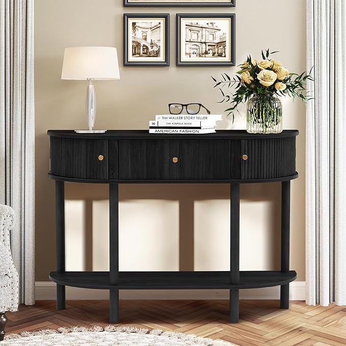 43.3“ Fluted Half Moon Console Table, Modern Entryway Console Sofa Table with Storage, Narrow Wood Accent Tables Behind Couch Tables for Living Room, Hallway, Foyer(Black)