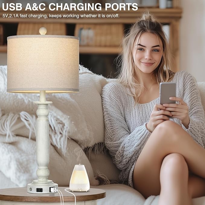 28.5" Farmhouse Table Lamps Set of 2 with USB C+A Ports & AC Outlet for Vintage Living Room Retro Bedroom,3-Way Dimmable Touch Lamp Resin Bedside Lamps for Nightstand Side End Table,White-2