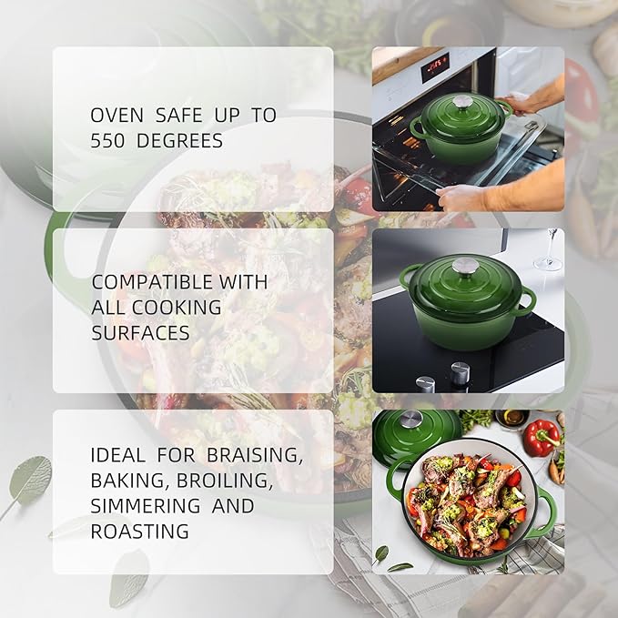 3 Quart Dutch Oven Enameled Cast Iron with Lid - Big Dual Handles - Oven Safe up to 500°F - Classic Round Pot for Versatile Cooking Green