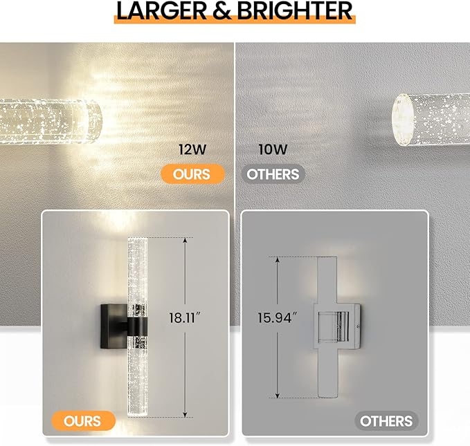 Black Modern LED Wall Sconce - 18 Inch Wall Sconces Set of Two 4000K Dimmable Crystal Sconce Wall Lighting Indoor Wall Mount Bathroom Vanity Light Fixtures for Bedroom Living Room, 12W