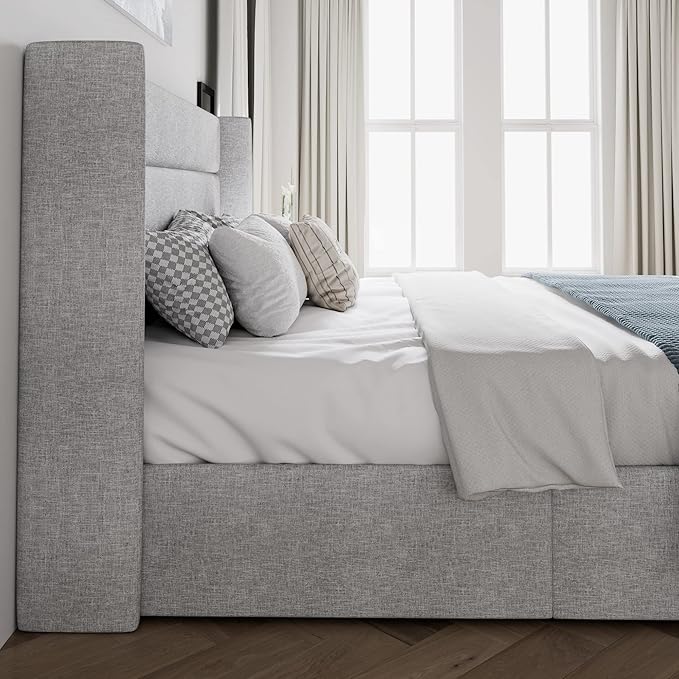 SHA CERLIN Queen Size Lift Up Storage Bed/Modern Wingback Headboard/Upholstered Platform Bed Frame/Hydraulic Storage/No Box Spring Needed/Wood Slats Support/Light Grey