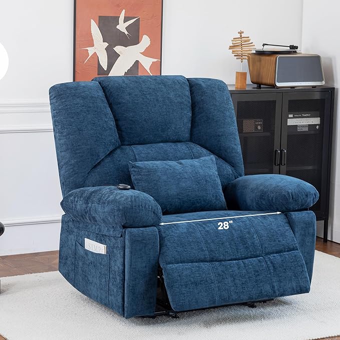 Oversized Power Recliner Chair 350lb with Hidable Cup Holders, Extra Wide Large Big Electric Recliner Chair with Lumbar Support Pillow Nursery Chair Living Room (Power, BLUE-6001)