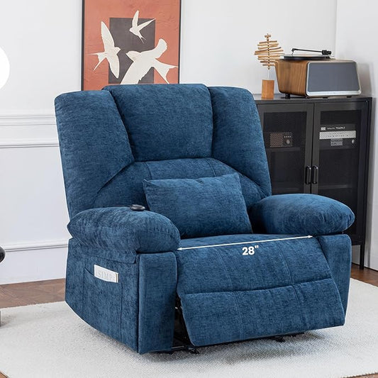Oversized Power Recliner Chair 350lb with Hidable Cup Holders, Extra Wide Large Big Electric Recliner Chair with Lumbar Support Pillow Nursery Chair Living Room (Power, BLUE-6001)