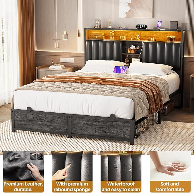 Aheaplus Full Bed Frame with Charging Station & Led Lights, Platform Bed with Leather Upholstered Headboard and Storage, Metal Slats Support, No Box Spring Needed, Noise-Free, Black Oak