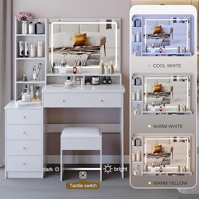 41" Vanity Desk with Mirror and Lights, Makeup Table with Led Mirror, 3 Lighting Colors, Vanity Set with Drawers and Stool for Bedroom, White